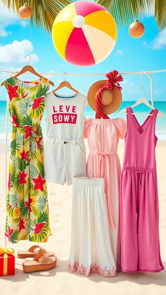 A collection of summer Christmas outfits displayed on a beach setting, showcasing vibrant colors and festive styles.